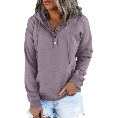 Women’s Long-Sleeved Hooded Sweatshirt – Casual Button Hoodie with Pockets & Drawstring
