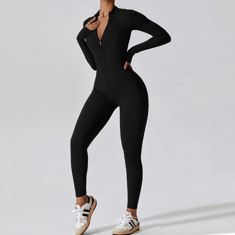 Women’s Seamless Long Sleeve Zipper Jumpsuit – Tight Fit Yoga & Fitness Training One-Piece with Hip-Lifting Design