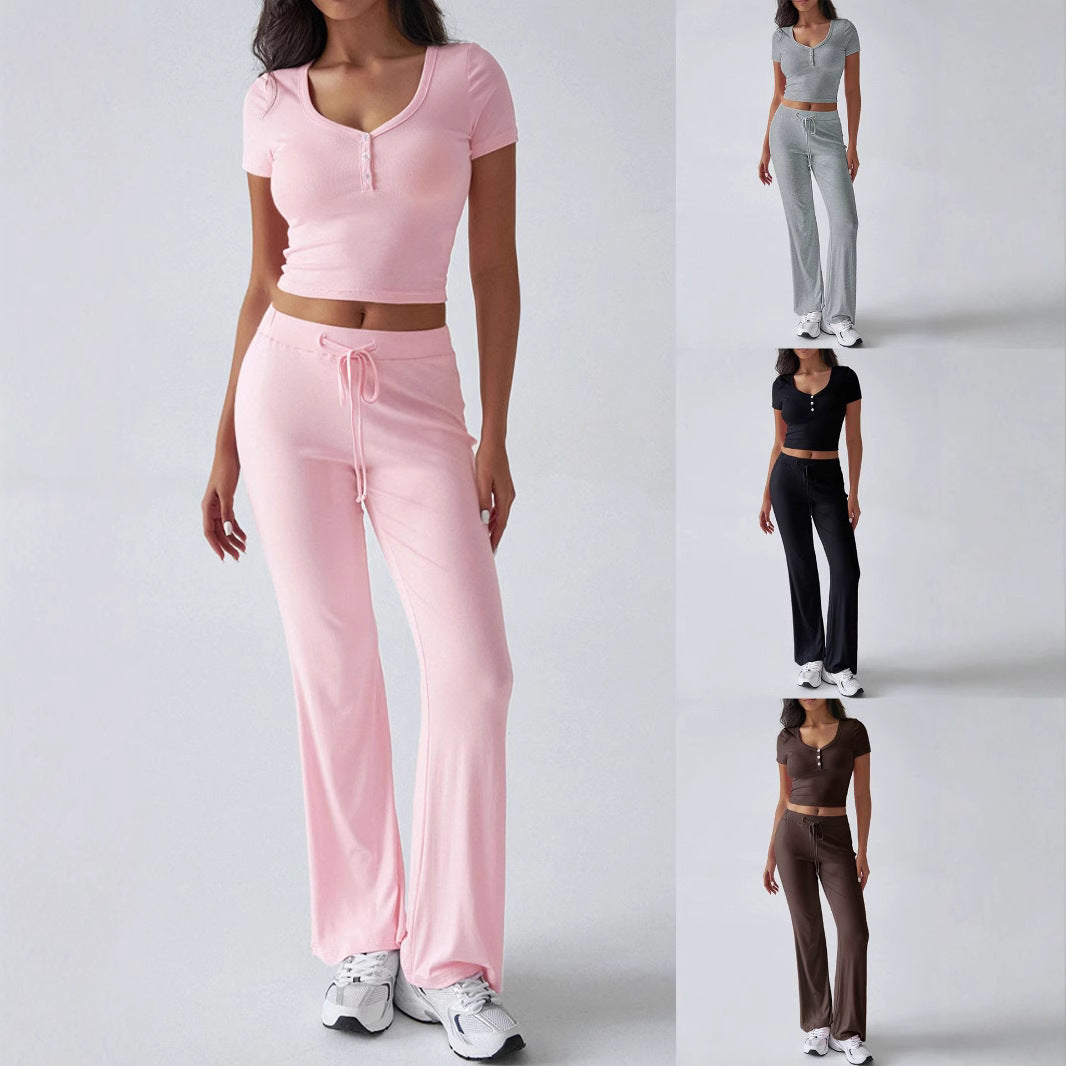 Women’s Solid Color Summer Fashion Suit – Casual Crew Neck Two-Piece Set