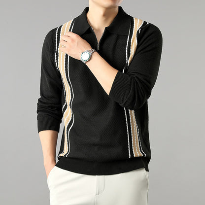 Men's Turn-down Collar Half-zip Long Sleeve Polo Stripe Color Block Sweater