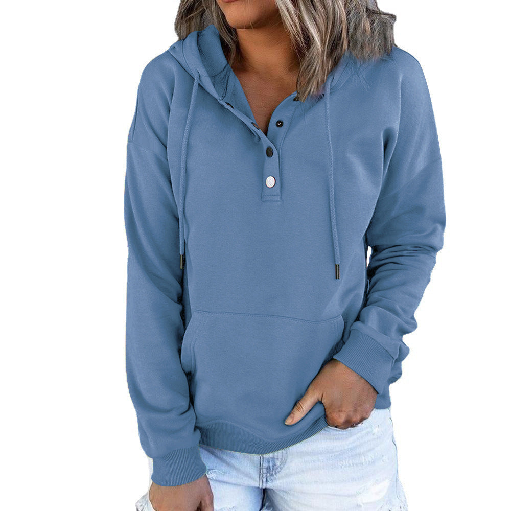 Women’s Long-Sleeved Hooded Sweatshirt – Casual Button Hoodie with Pockets & Drawstring