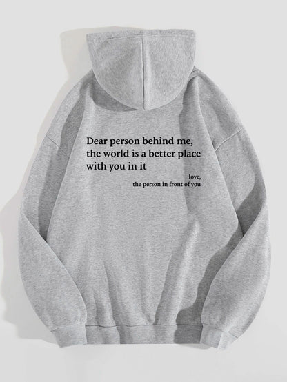 "Dear Person Behind Me" Women's Plush Hoodie – Letter Print Kangaroo Pocket Unisex Pullover