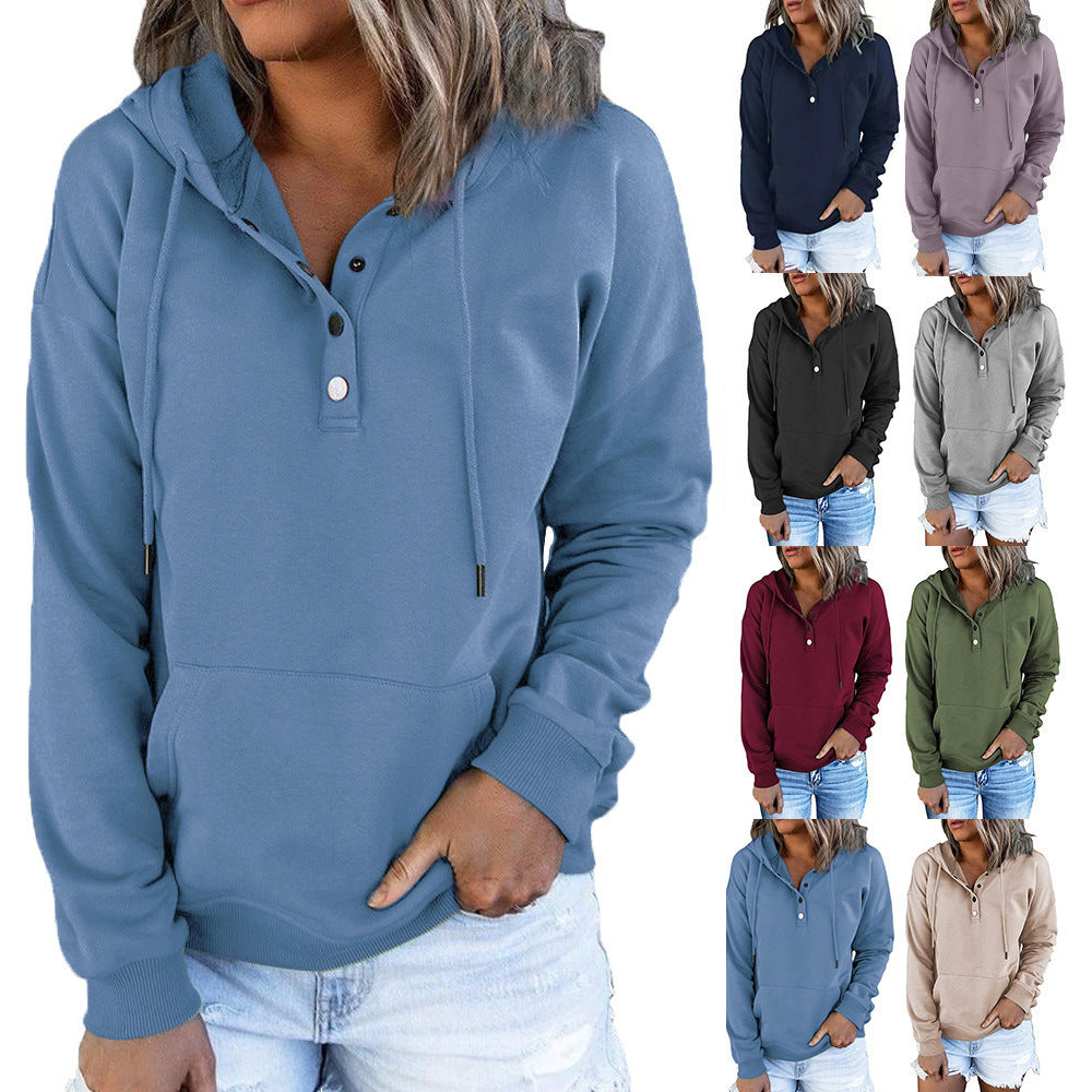 Women’s Long-Sleeved Hooded Sweatshirt – Casual Button Hoodie with Pockets & Drawstring