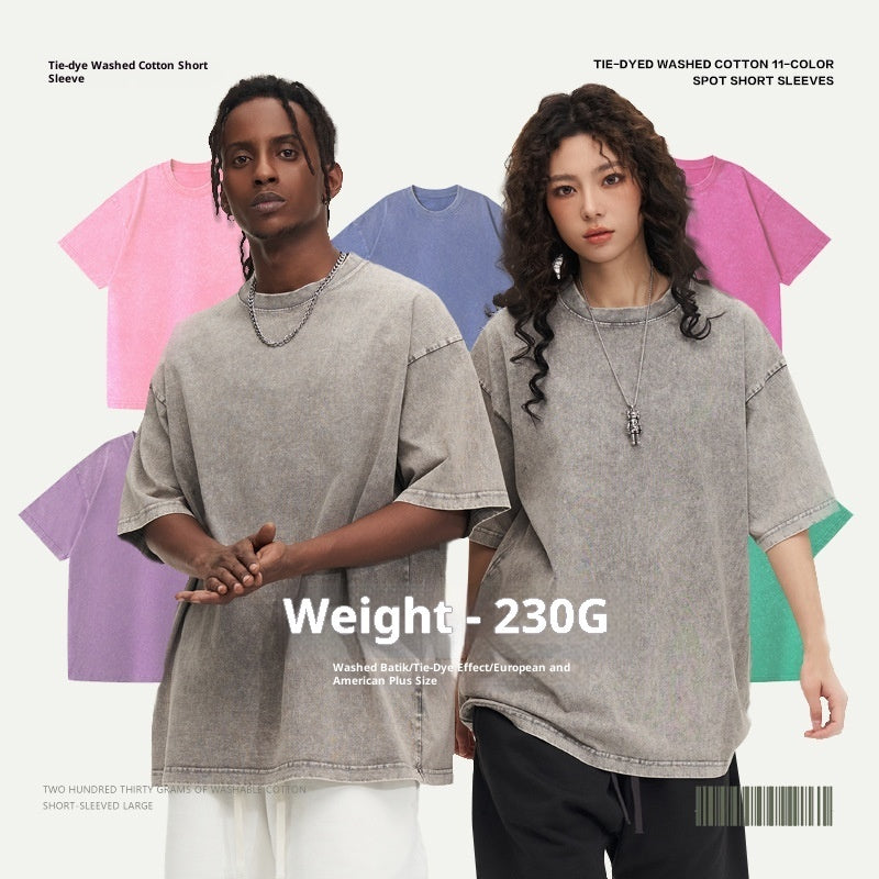 230g American Style Loose Distressed Retro Washed Men's Solid Color Short Sleeve