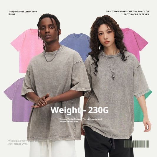 230g American Style Loose Distressed Retro Washed Men's Solid Color Short Sleeve