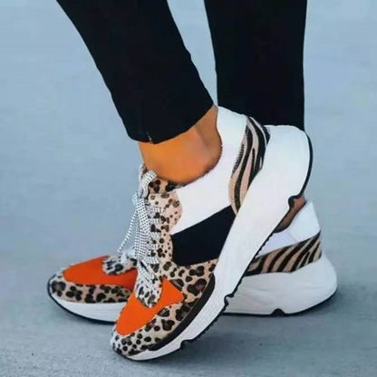 Leopard Print Color Matching Lace-Up Casual Horse Hair Sneakers – Stylish & Comfortable Footwear