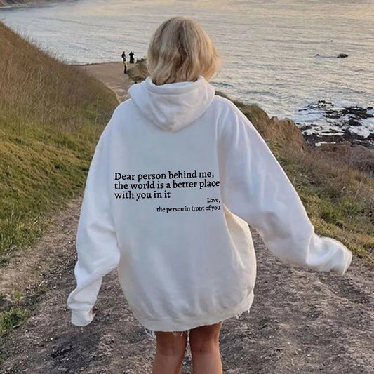 "Dear Person Behind Me" Women's Plush Hoodie – Letter Print Kangaroo Pocket Unisex Pullover