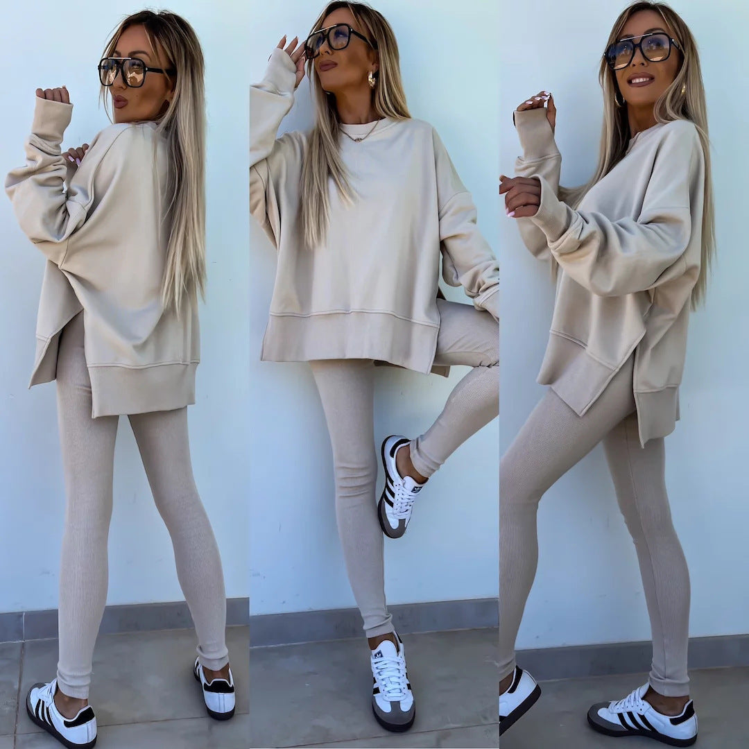 Women's Casual Sweater Set – Loose Split Long Sleeve Top & Tight Trousers 2-Piece Outfit