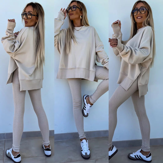 Women's Casual Sweater Set – Loose Split Long Sleeve Top & Tight Trousers 2-Piece Outfit