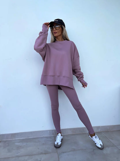 Women's Casual Sweater Set – Loose Split Long Sleeve Top & Tight Trousers 2-Piece Outfit