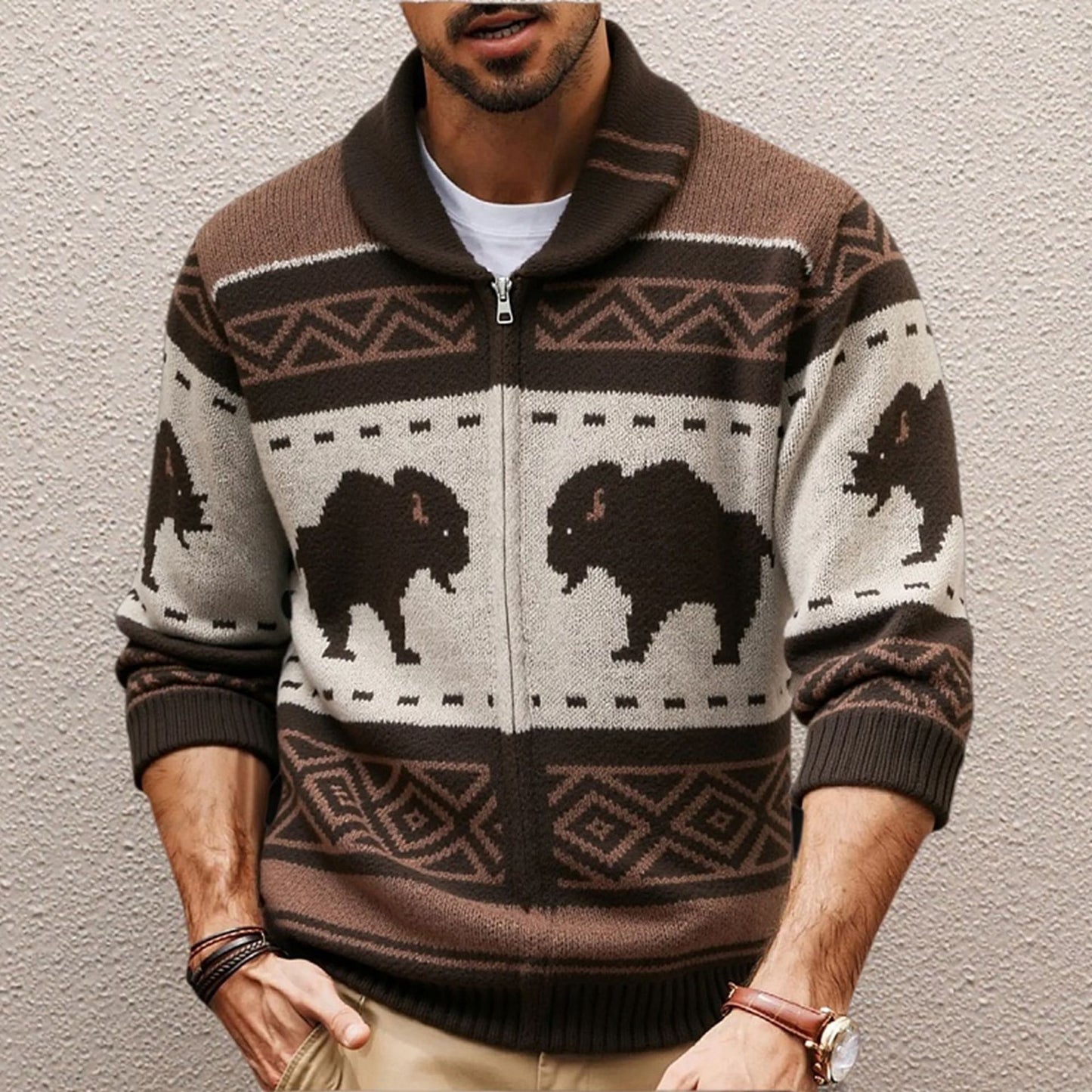 Men's European And American Retro Jacquard Knit Sweater Autumn And Winter Thickened Cardigan