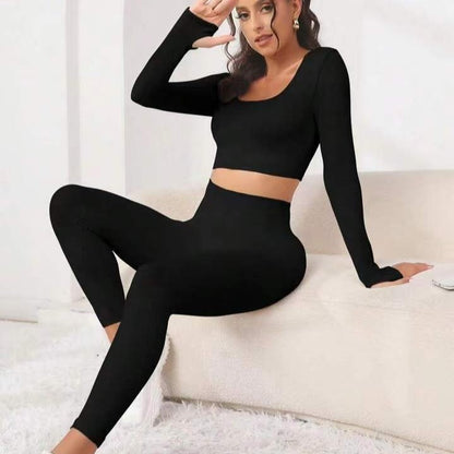 Women's Seamless Long Sleeve Yoga Set – Threaded Design with Hip-Lifting Trousers for Fitness & Workout