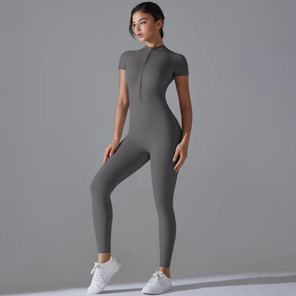 Yoga Set Women’s Jumpsuits – One-Piece Zipper Short Sleeve Bodysuit, Push-Up Workout Clothes, Fitness Tracksuit for Gym, Sportswear & Activewear