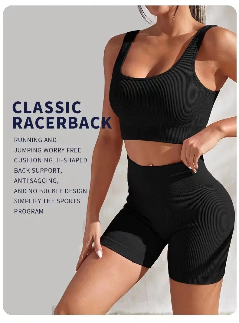 Ribbed Yoga Sport Set for Women – Seamless Crop Top Bra & Shorts Fitness Outfit