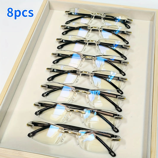 8-Pack Rimless Lightweight Reading Glasses – High-Definition, Blue Light Blocking Presbyopia Glasses for Men & Women”