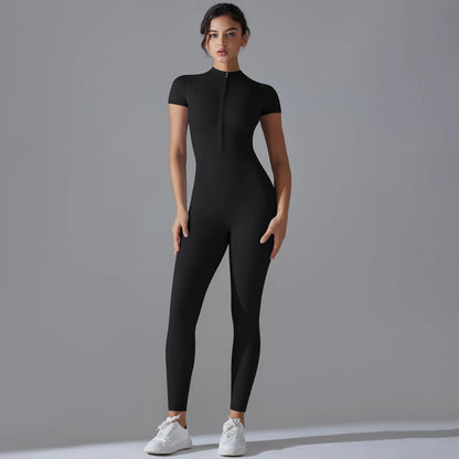 Yoga Set Women’s Jumpsuits – One-Piece Zipper Short Sleeve Bodysuit, Push-Up Workout Clothes, Fitness Tracksuit for Gym, Sportswear & Activewear