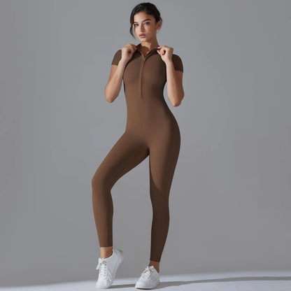 Yoga Set Women’s Jumpsuits – One-Piece Zipper Short Sleeve Bodysuit, Push-Up Workout Clothes, Fitness Tracksuit for Gym, Sportswear & Activewear