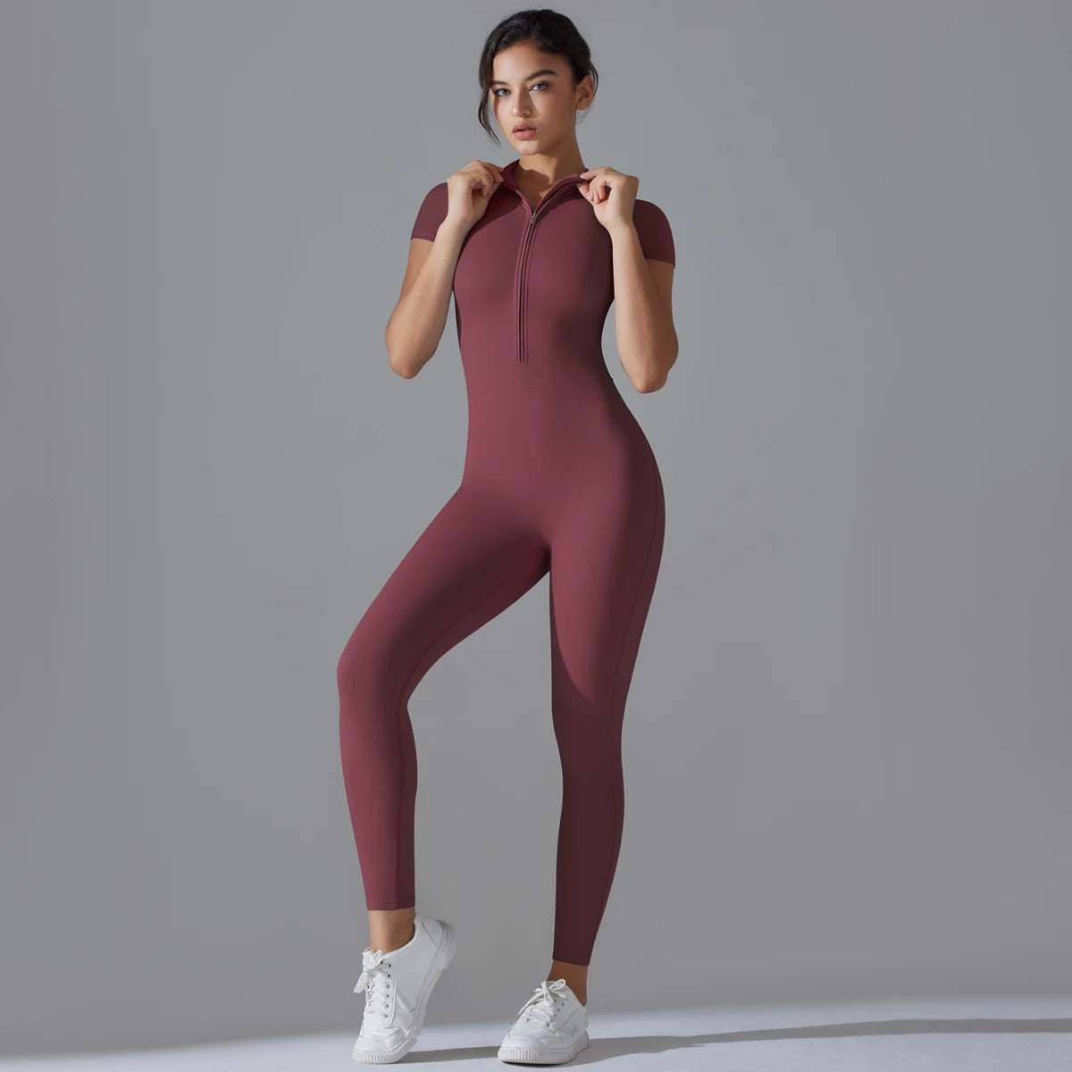 Yoga Set Women’s Jumpsuits – One-Piece Zipper Short Sleeve Bodysuit, Push-Up Workout Clothes, Fitness Tracksuit for Gym, Sportswear & Activewear