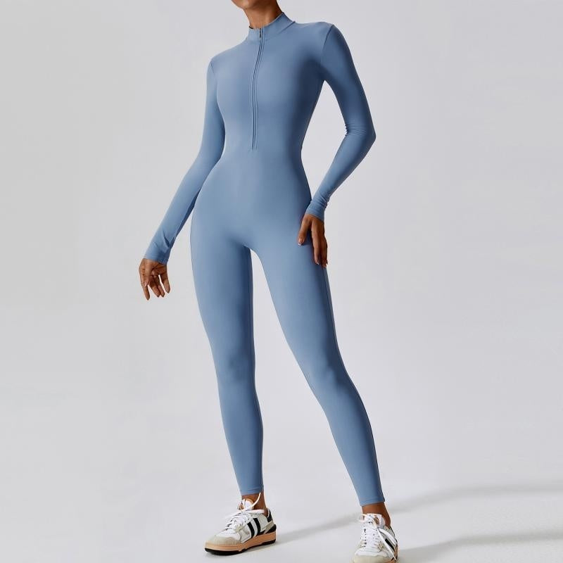 Women’s Seamless Long Sleeve Zipper Jumpsuit – Tight Fit Yoga & Fitness Training One-Piece with Hip-Lifting Design