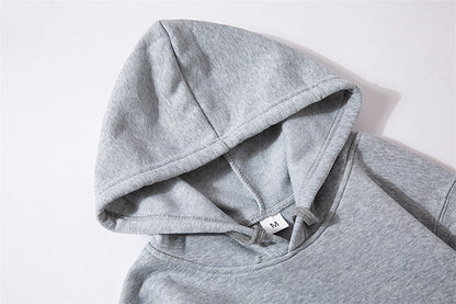 Fleece-lined Plain Letter Print Pocket Drawstring Print Hoodie
