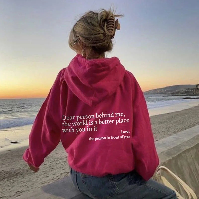 "Dear Person Behind Me" Women's Plush Hoodie – Letter Print Kangaroo Pocket Unisex Pullover