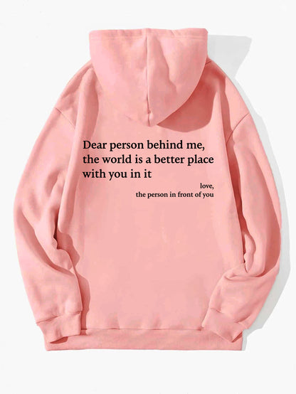 "Dear Person Behind Me" Women's Plush Hoodie – Letter Print Kangaroo Pocket Unisex Pullover