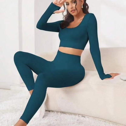Women's Seamless Long Sleeve Yoga Set – Threaded Design with Hip-Lifting Trousers for Fitness & Workout