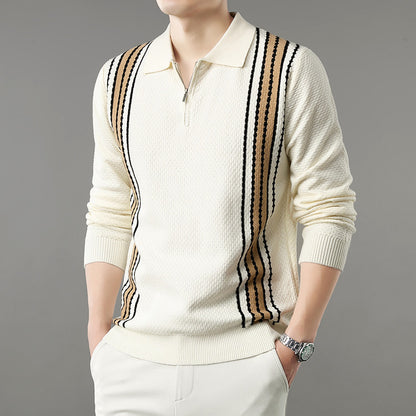 Men's Turn-down Collar Half-zip Long Sleeve Polo Stripe Color Block Sweater